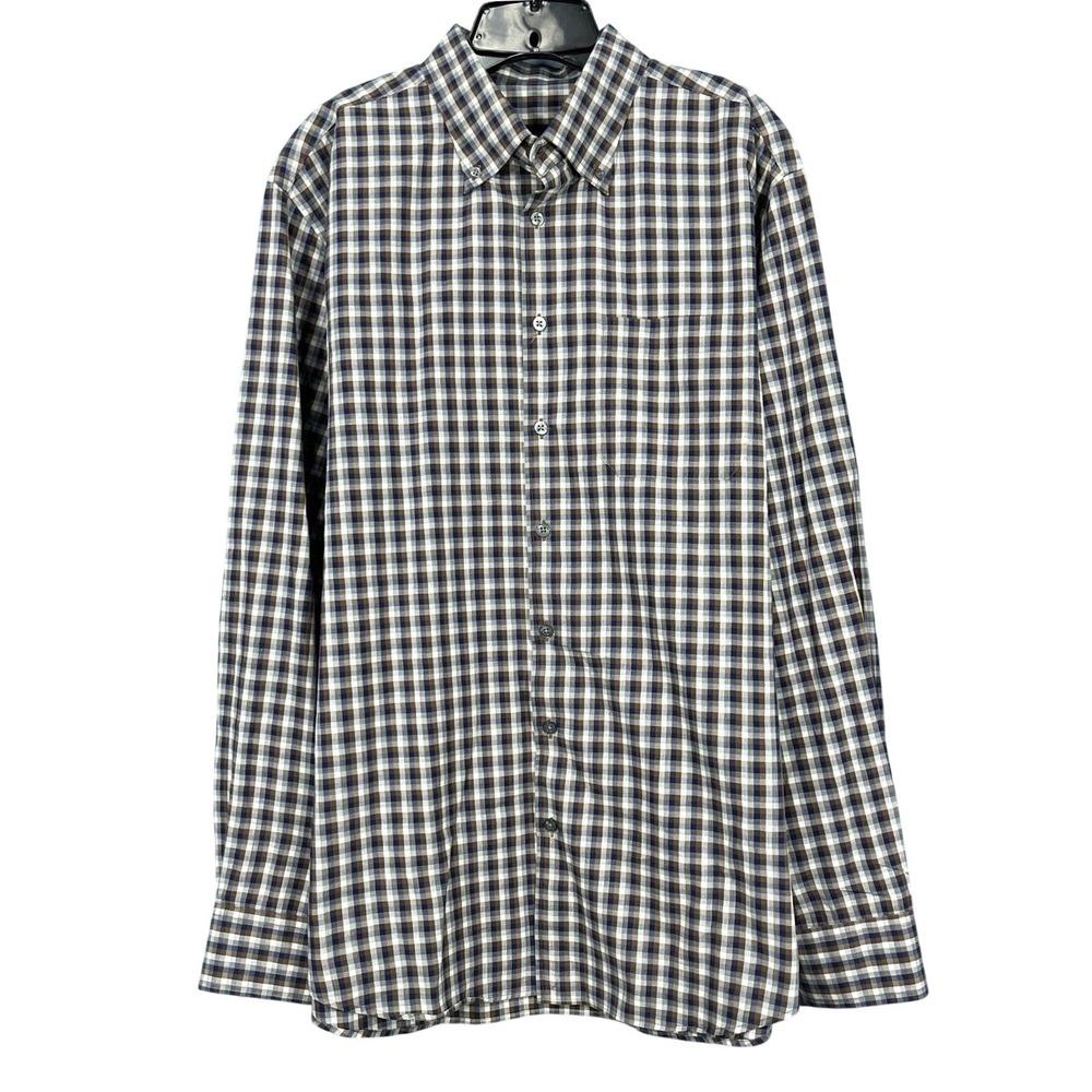 SCOTT BARBER Brown/Multi GINGHAM Twill 1-POCKET Long Sleeve BUTTON-UP SHIRT XL